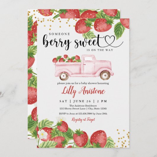 Berry Sweet Strawberry Baby shower Uitnodiging (Voorkant / Achterkant)