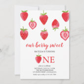 Berry Sweet Strawberry First Birthday Invitation Kaart (Voorkant)