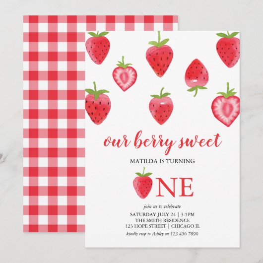 Berry Sweet Strawberry First Birthday Invitation Kaart (Voorkant / Achterkant)