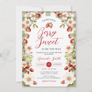 Berry Sweet Strawberry Gingham Floral Baby shower Kaart