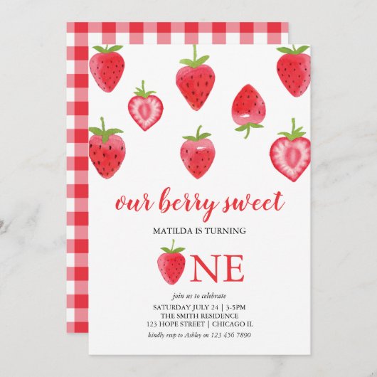 Berry Sweet Strawberry Invitation pour le premier  (Devant / Derrière)