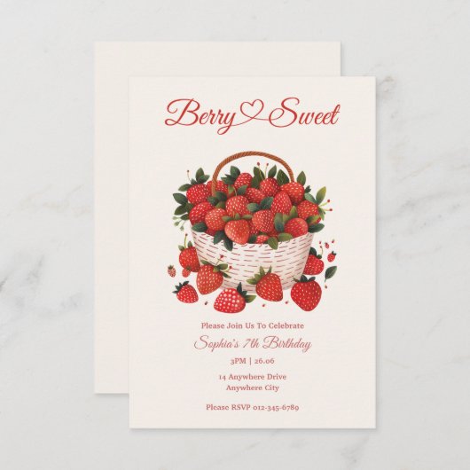 Berry Sweet Strawberry Party Invitation (Devant / Derrière)
