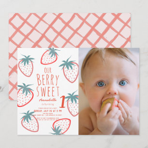 Berry Sweet Strawberry Red 1st Verjaardag Foto Kaart