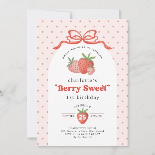 Berry Sweet Strawberry Red Bow Eerste 1e Verjaarda Kaart (Voorkant)