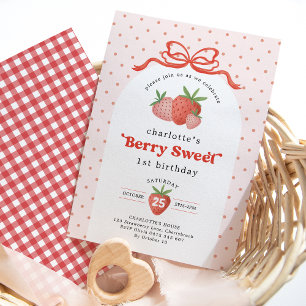 Berry Sweet Strawberry Red Bow Eerste 1e Verjaarda Kaart