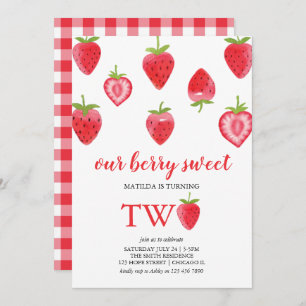 Berry Sweet Strawberry Second Birthday Invitation Kaart