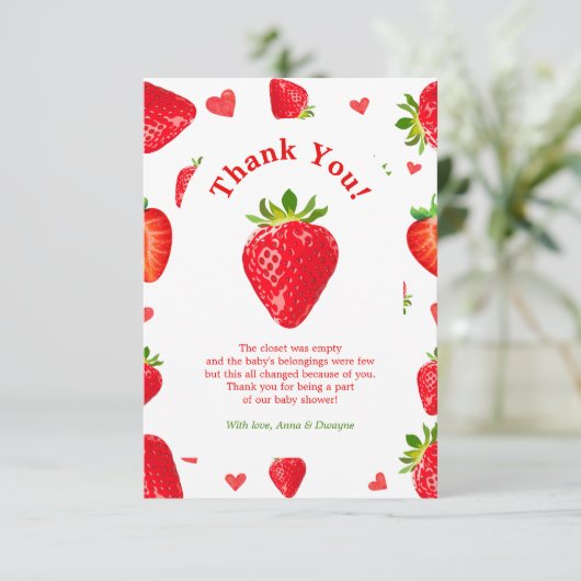 Berry Sweet Strawberry Spring Fruit Baby shower Bedankkaart (Staand voorkant)