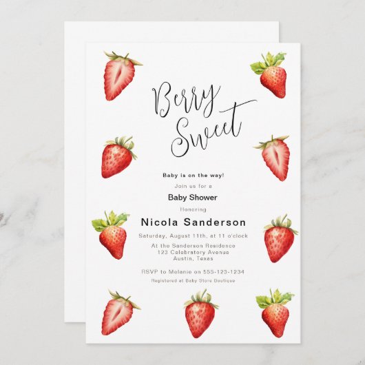 Berry Sweet Strawberry's Baby shower Invitation Kaart (Voorkant / Achterkant)