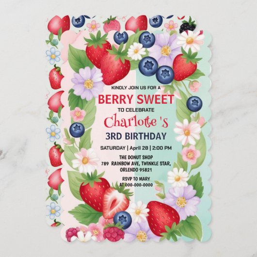 Berry Verjaardag Aardbei bloem Meisje Party Save The Date (Voorkant / Achterkant)