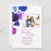 Berry Violet, Koninklijk Blauw, Roze Rozen Bruilof Kaart (Voorkant)