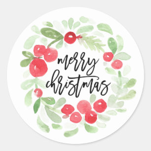 Berry Wreath Merry Christmas Waterverf Script Ronde Sticker