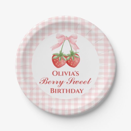Berry Zoete aardbei verjaardag Pink Bow Gingham Papieren Bordje (Voorkant)