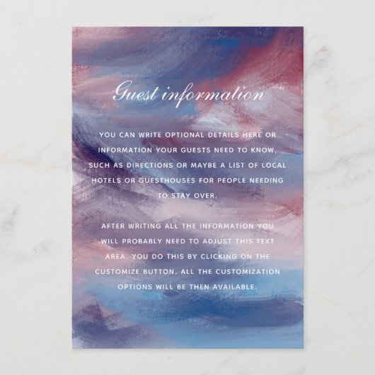 Berrypink Paarse Blue Artistic Wedding Insert Kaar Informatiekaartje (Voorkant)