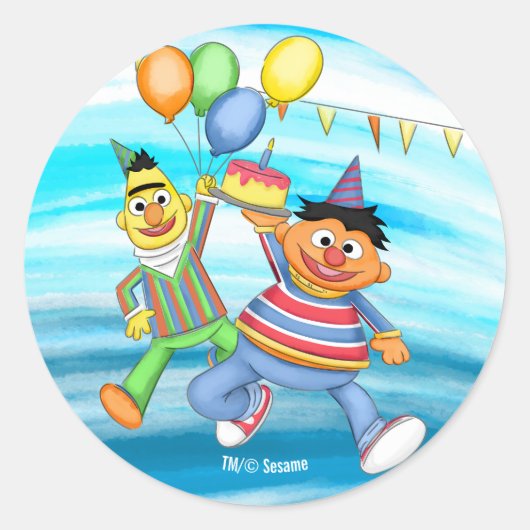 Bert en Ernie Verjaardagsballonnen Ronde Sticker (Voorkant)