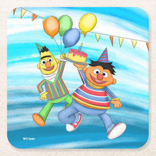 Bert en Ernie Verjaardagsballonnen Vierkante Kartonnen Onderzetter