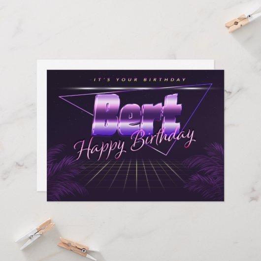 Bert Nom Prénom lila retro Carte Anniversaire (Devant/Arrière en situation)