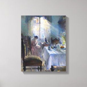 Bertha Wegmann - Vrouw die in een interieur naait Canvas Afdruk