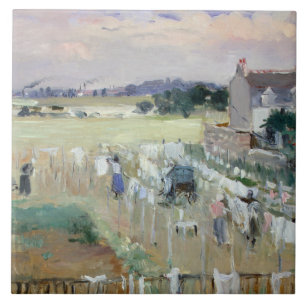 Berthe Morisot - Het wasgoed uitkleden naar drogen Tegeltje