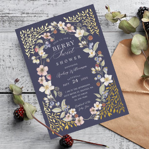 Bescheiden Baby Shower Wilde Bessen & Bloemen Folie Uitnodiging