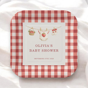 Bescheiden Strawberry Gingham Baby Shower Feestje Papieren Bordje