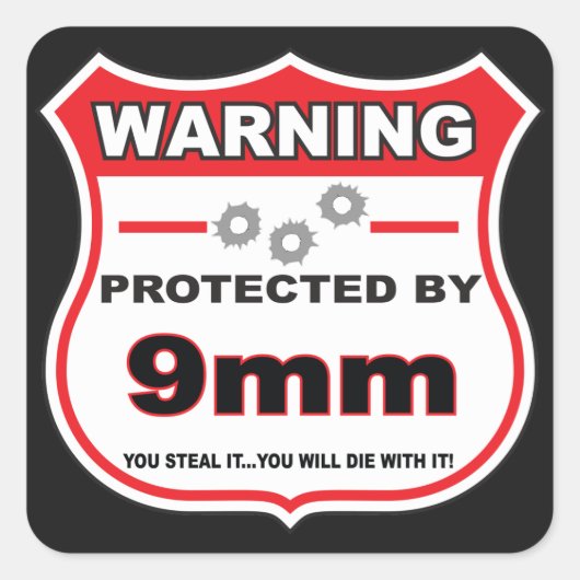 beschermd door 9mm schild vierkante sticker (Voorkant)