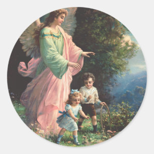 Beschermengel die kinderen beschermt bij een riche ronde sticker
