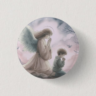 Beschermengel en kind die samen bidden ronde button 3,2 cm
