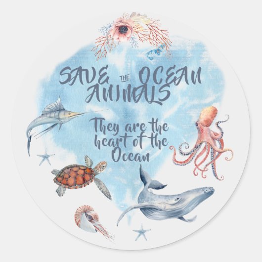 Beschrijving schattige oceaandieren ronde sticker (Voorkant)