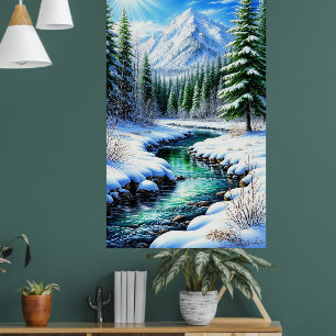 Besneeuwd Alpen dal met door de zon verlichte rivi Poster