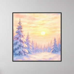 Besneeuwd bos bij zonsondergang - Watercolor stijl Canvas Afdruk
