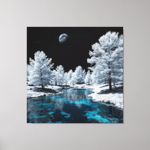 Besneeuwd bos en rustig meer onder de lucht canvas afdruk