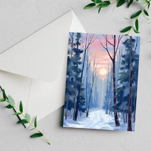Besneeuwd bospad Winter Zonlicht Aquarel Kaart