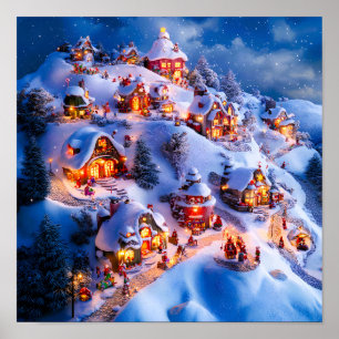 Besneeuwd heuveldorp met een magische Kerstsfeer Poster