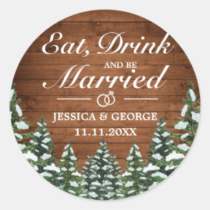 Besneeuwd Hout & Bos Pine Eet Drink Getrouwd Bruil Ronde Sticker