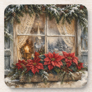 Besneeuwd Kerstmisraam met Poinsettia Bier Onderzetter