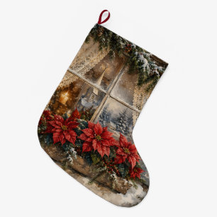 Besneeuwd Kerstmisraam met Poinsettia Grote Kerstsok