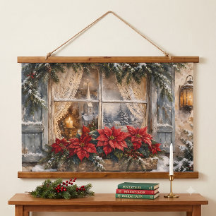 Besneeuwd Kerstmisraam met Poinsettia Hangend Wandkleed