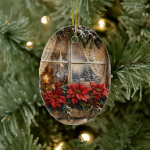 Besneeuwd Kerstmisraam met Poinsettia Keramisch Ornament