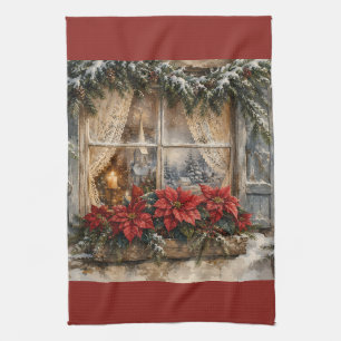 Besneeuwd Kerstmisraam met Poinsettia Theedoek