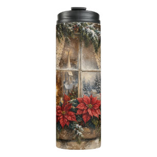 Besneeuwd Kerstmisraam met Poinsettia Thermosbeker
