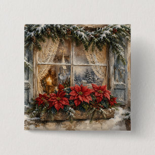 Besneeuwd Kerstmisraam met Poinsettia Vierkante Button 5,1 Cm