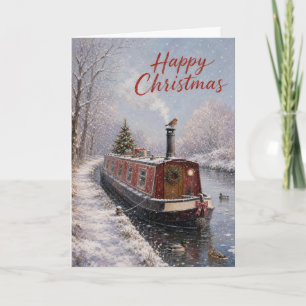 Besneeuwd smalboot kanaal kerstscene kaart
