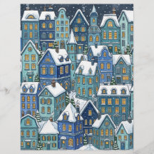 Besneeuwd Winterdorp Blauwe Huizen Scrapbook Papie