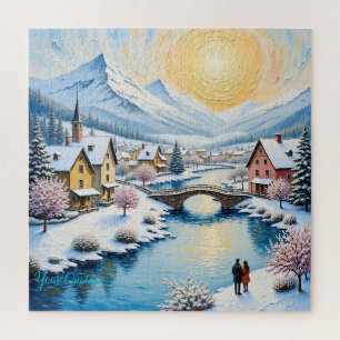Besneeuwd winterdorp onder gouden zon legpuzzel