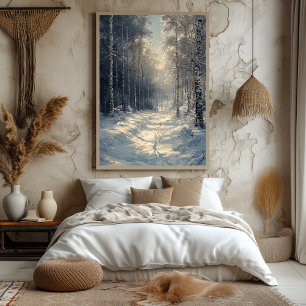 Besneeuwde betoverde woud in monochroom wit poster