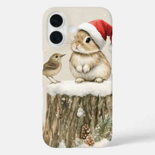 Besneeuwde bos winter bos kerst konijn vogel iPhone 16 hoesje