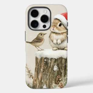 Besneeuwde bos winter bos kerst konijn vogel iPhone 16 pro hoesje
