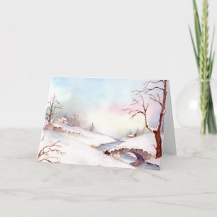 Besneeuwde Brug Aquarel Landschapschilderij Feestdagen Kaart