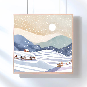 Besneeuwde Heuvelhelling Waterverf Winter Poster
