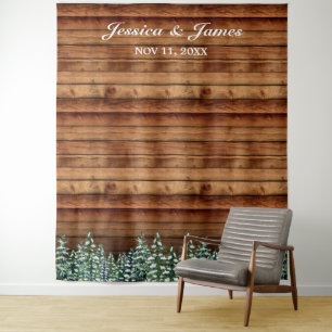 Besneeuwde houten & bos bruiloft foto achtergrond wandkleed